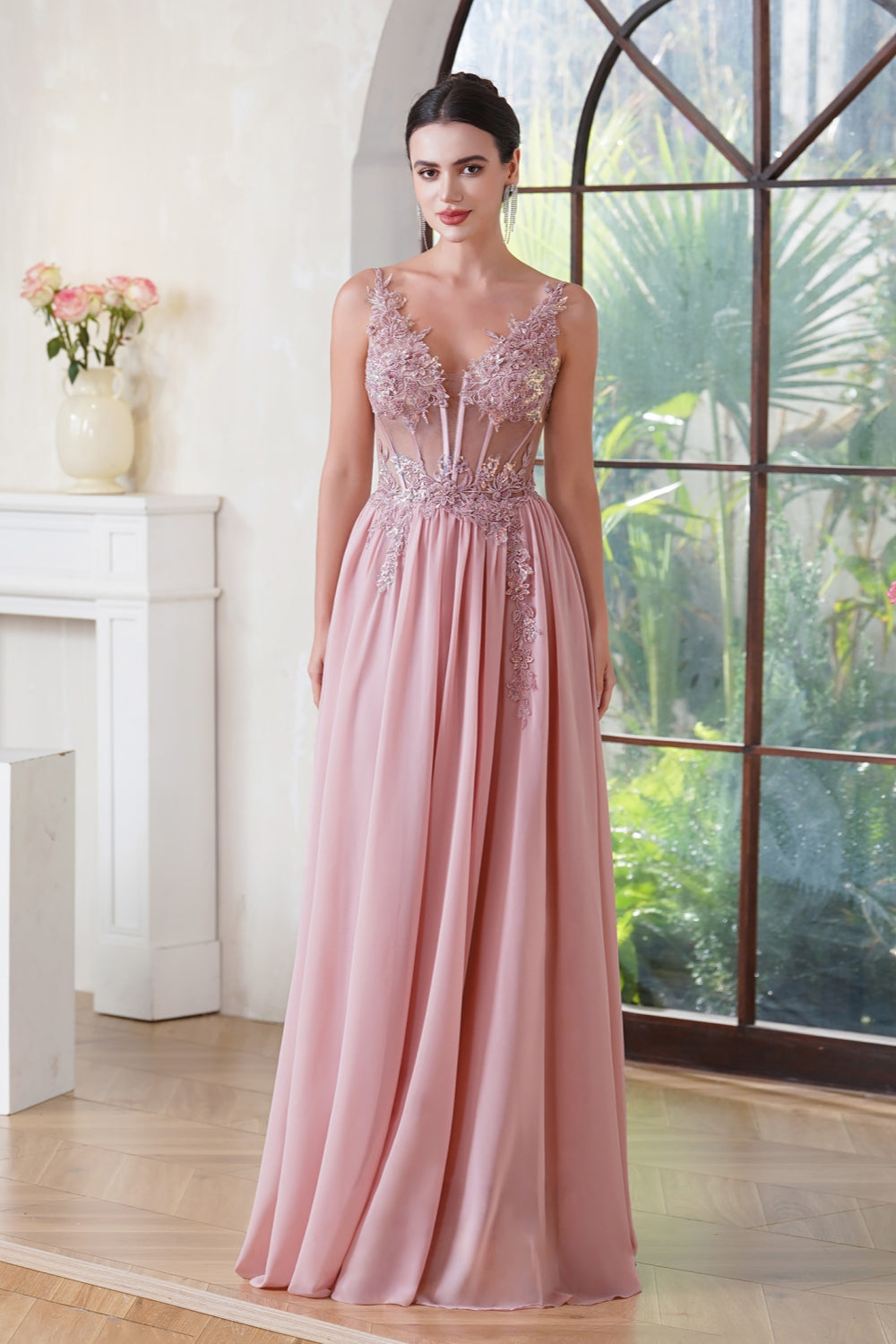 Pink V-Neck Chiffon A-Line Long Prom Dress with Lace Appliques