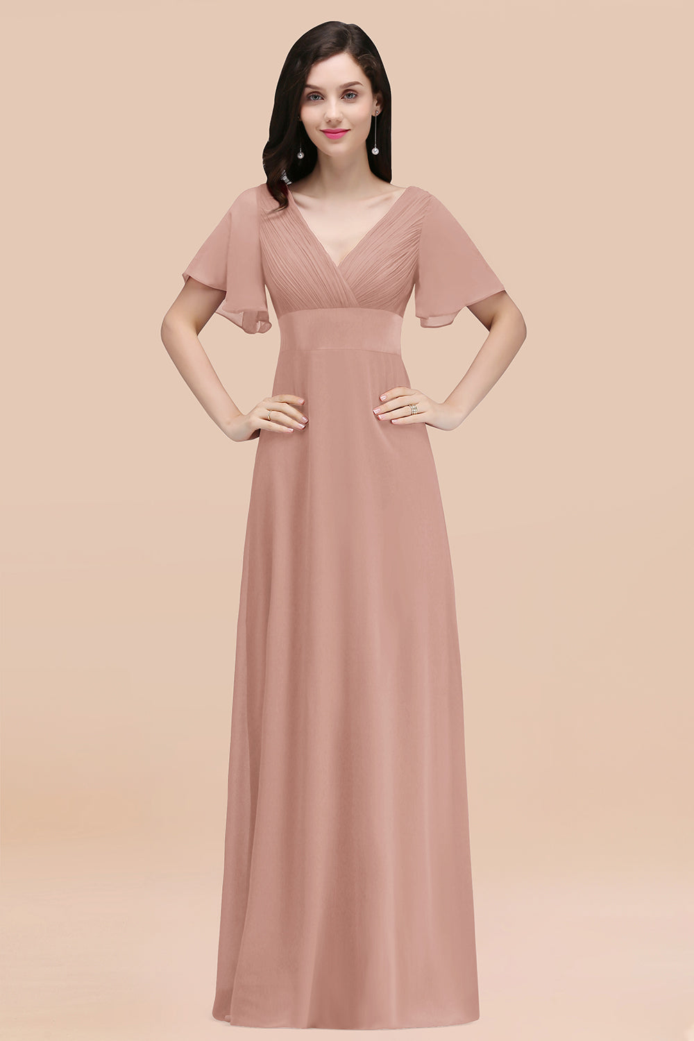 Pink V-Neck Chiffon Empire Long Bridesmaid Dress with Pleats