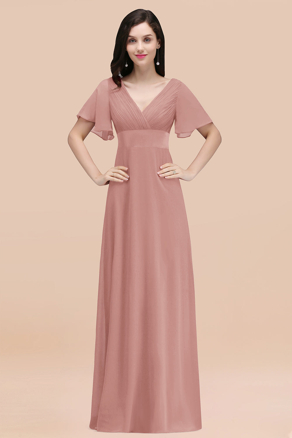 Pink V-Neck Chiffon Empire Long Bridesmaid Dress with Pleats