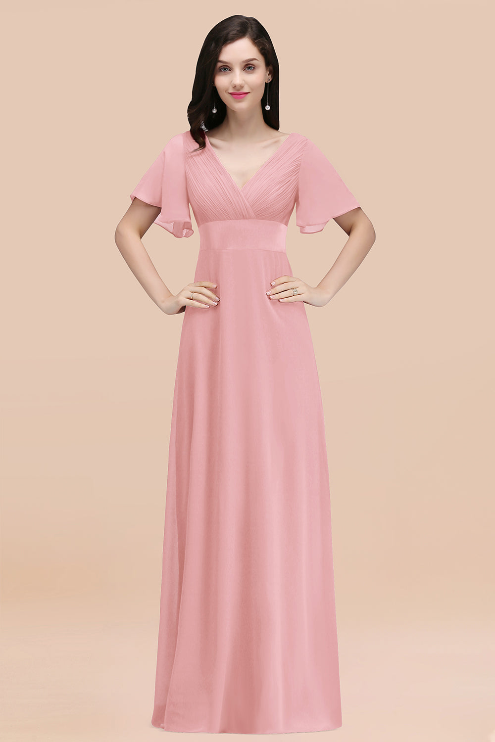 Pink V-Neck Chiffon Empire Long Bridesmaid Dress with Pleats