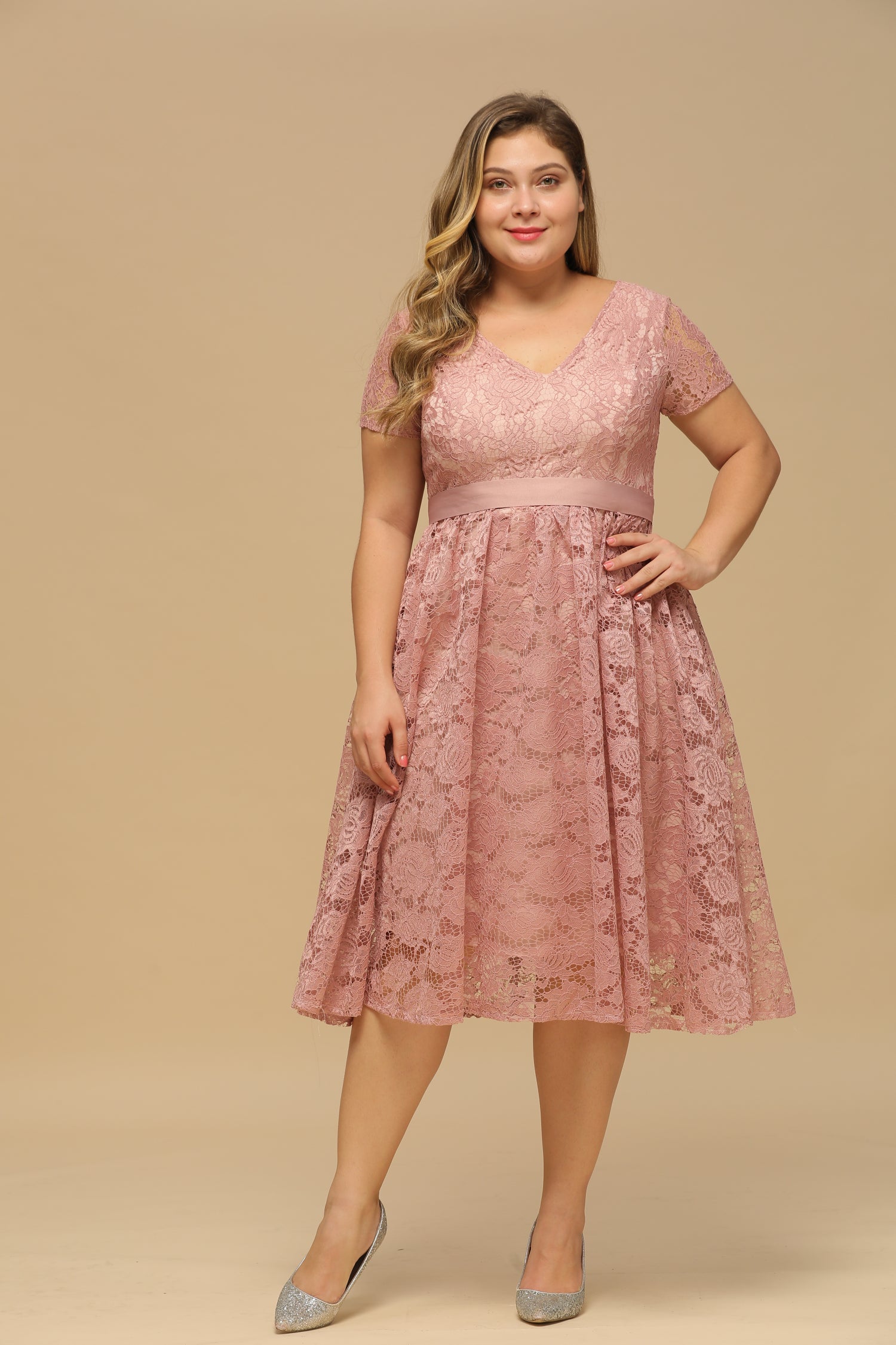 Pink V-Neck Lace A-Line Bridesmaid Dress