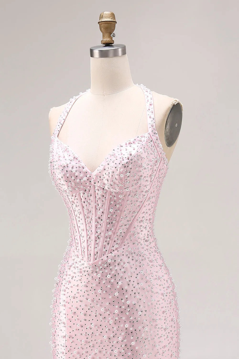 27Dress Pink Halter Sequin Mermaid Sleeveless Long Prom Dress with Split