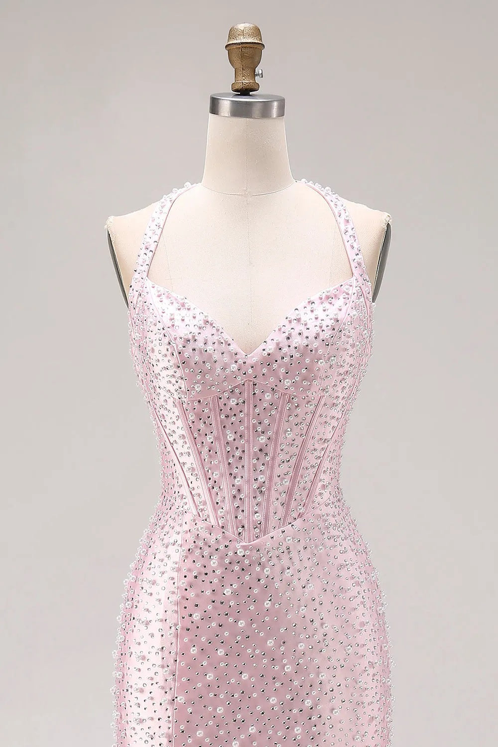 27Dress Pink Halter Sequin Mermaid Sleeveless Long Prom Dress with Split