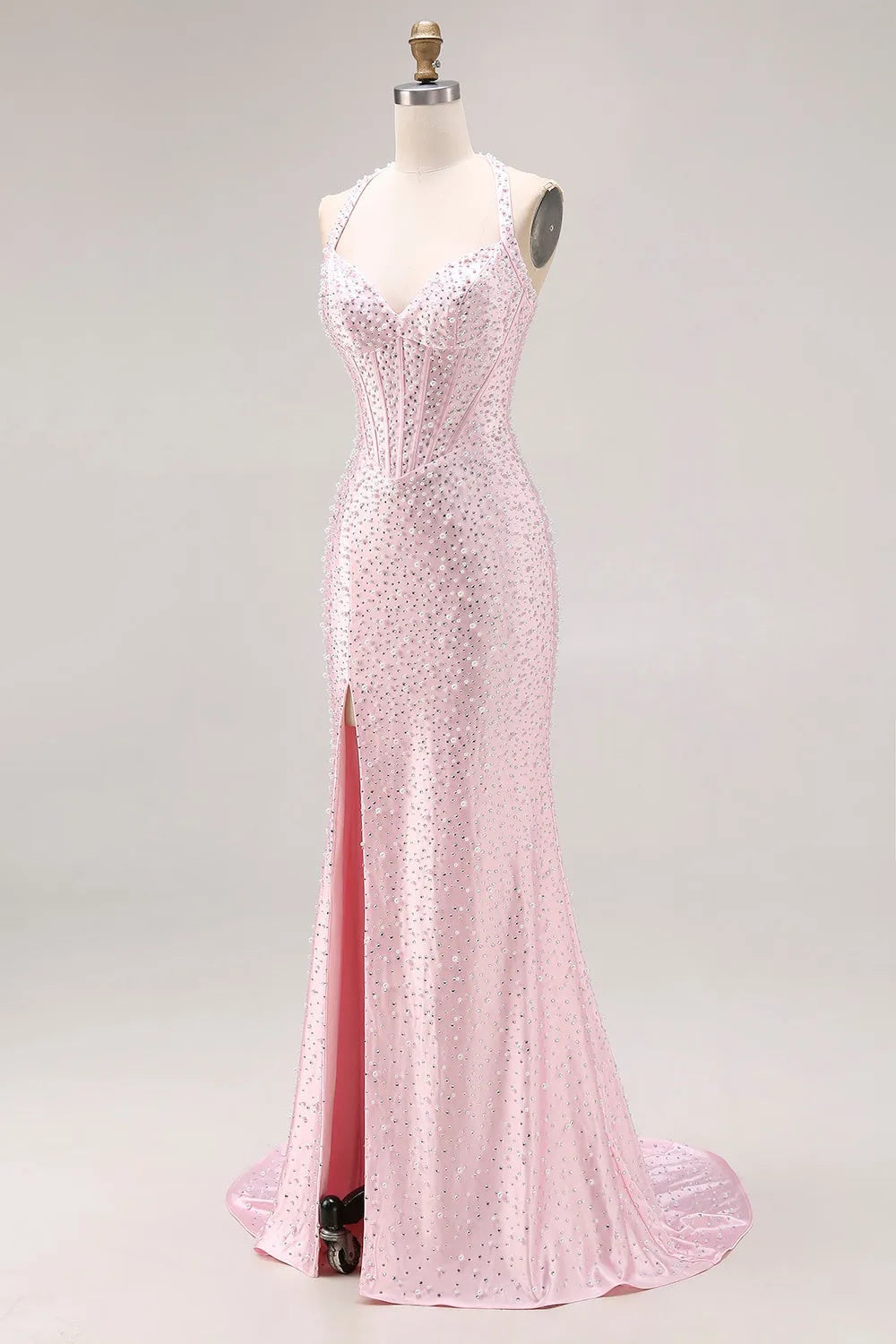 27Dress Pink Halter Sequin Mermaid Sleeveless Long Prom Dress with Split