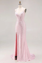 27Dress Pink Halter Sequin Mermaid Sleeveless Long Prom Dress with Split