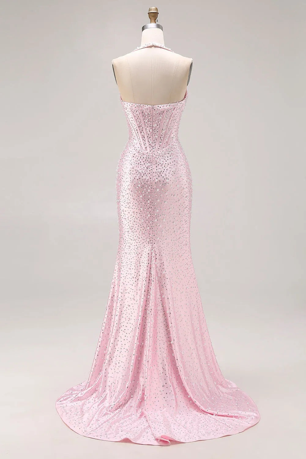 27Dress Pink Halter Sequin Mermaid Sleeveless Long Prom Dress with Split