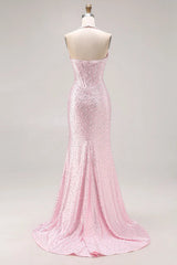 27Dress Pink Halter Sequin Mermaid Sleeveless Long Prom Dress with Split