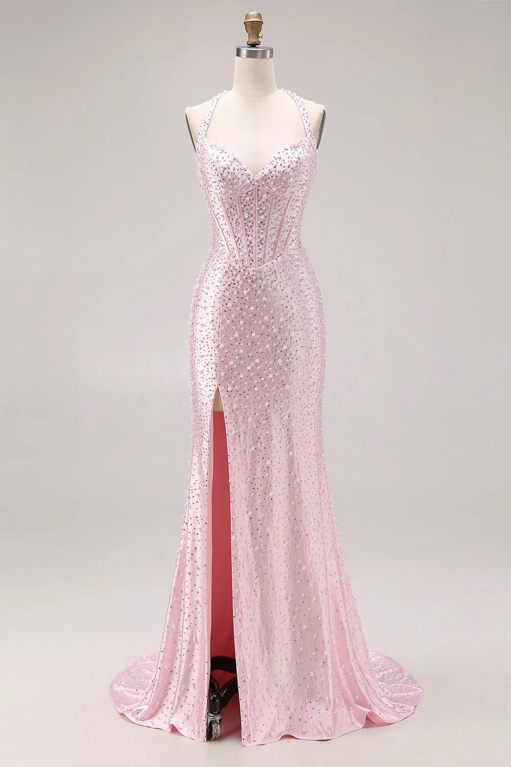 27Dress Pink Halter Sequin Mermaid Sleeveless Long Prom Dress with Split