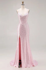 27Dress Pink Halter Sequin Mermaid Sleeveless Long Prom Dress with Split