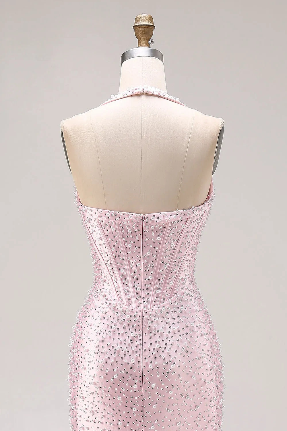 27Dress Pink Halter Sequin Mermaid Sleeveless Long Prom Dress with Split