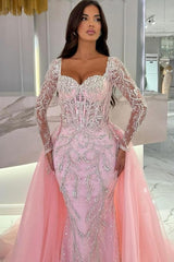 Luxurious Long Sleeve Portrait Sweetheart Tulle Appliques Mermaid with Detachable Train