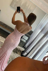 27Dress Pink Sequined Mermaid Halter Sleeveless Prom Dress with Split