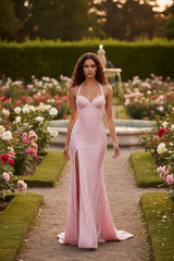 27Dress Pink Sequined Mermaid Halter Sleeveless Prom Dress with Split