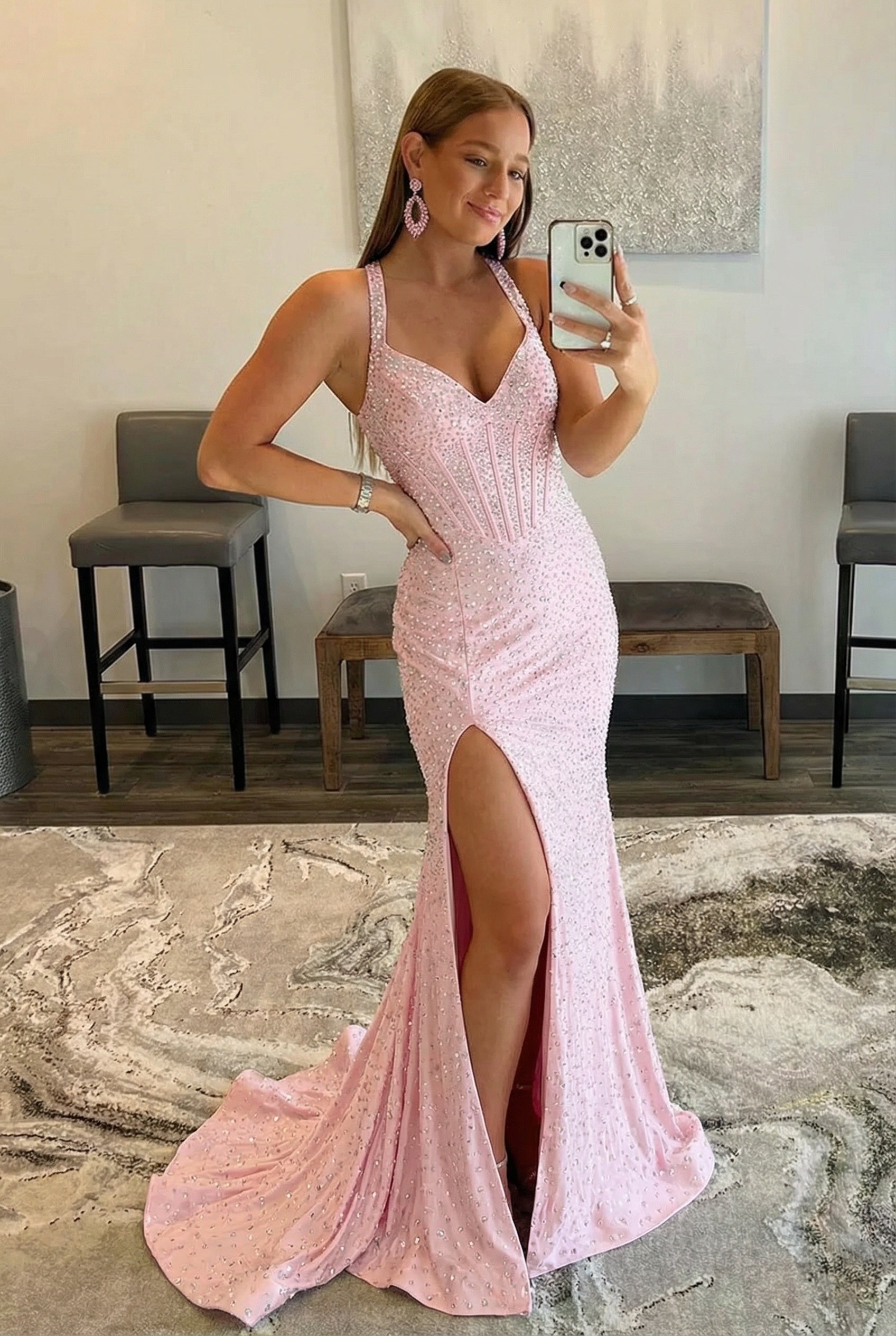 27Dress Pink Sequined Mermaid Halter Sleeveless Prom Dress with Split