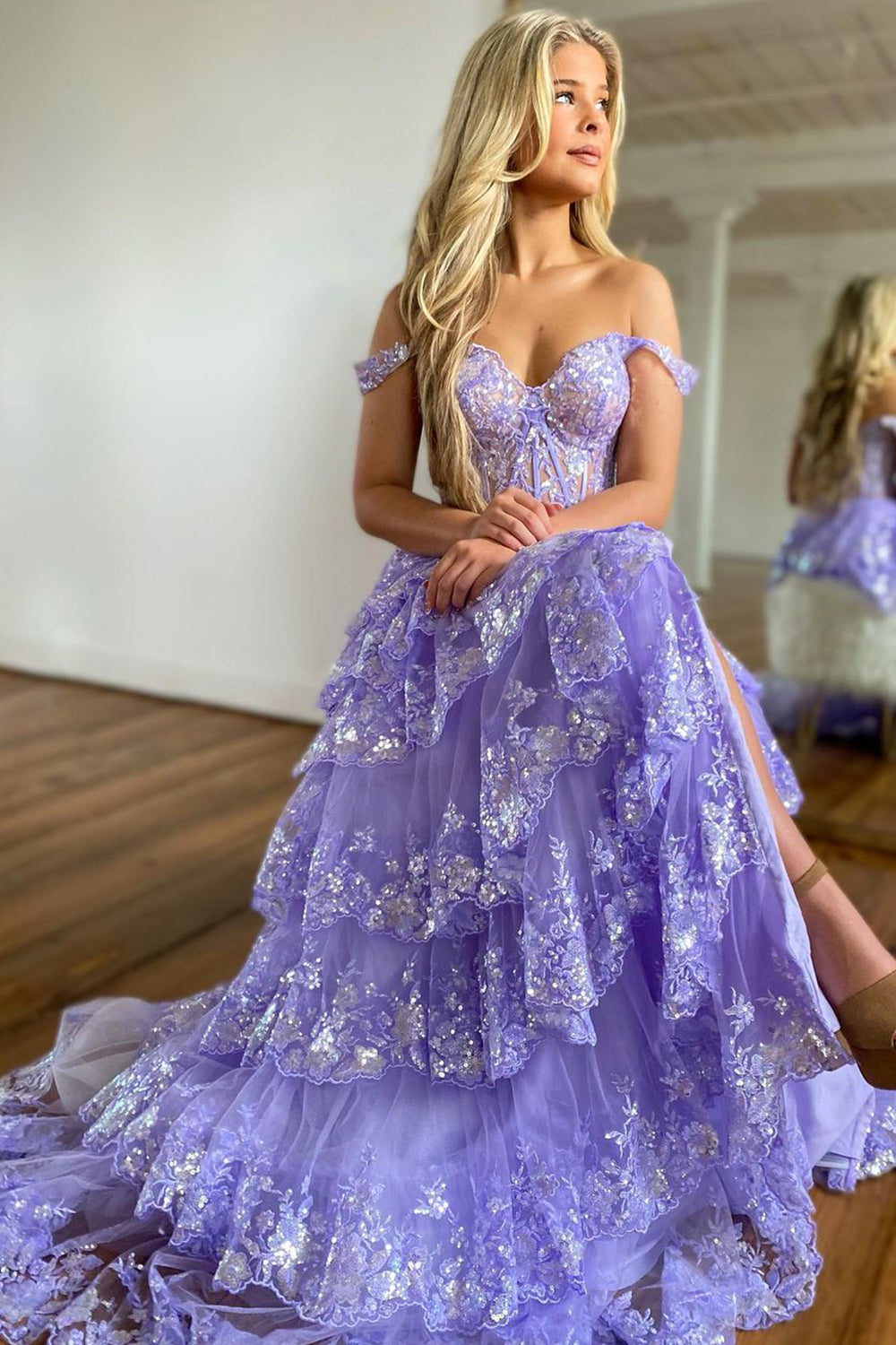 Princess A Line Off the Shoulder Ocean Blue Corset Prom Dress with Lace Ruffles