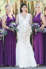 Purple A-Line Long Bridesmaid Dress with Ruching