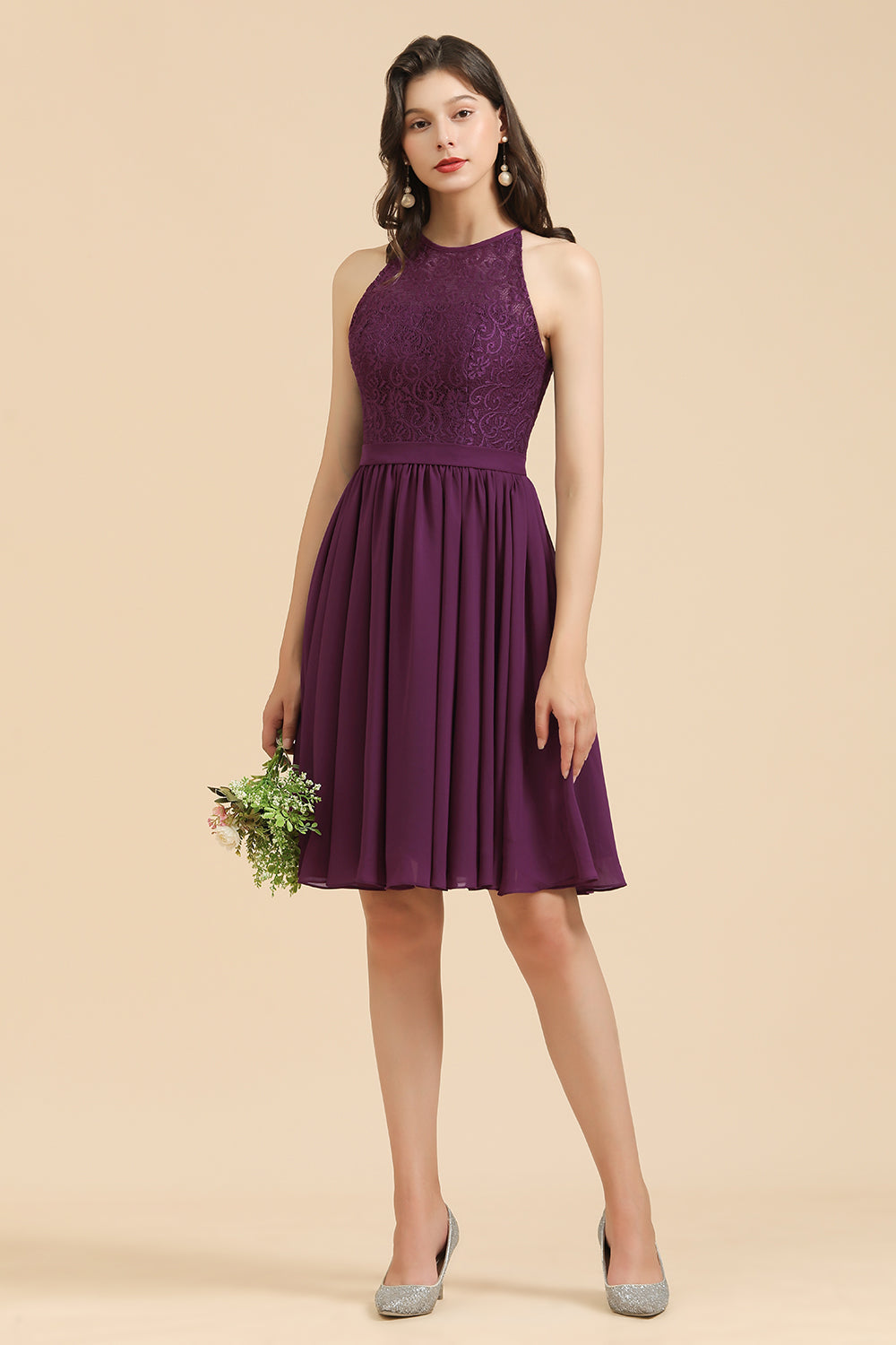 Purple Halter Chiffon A-Line Bridesmaid Dress with Lace Appliques