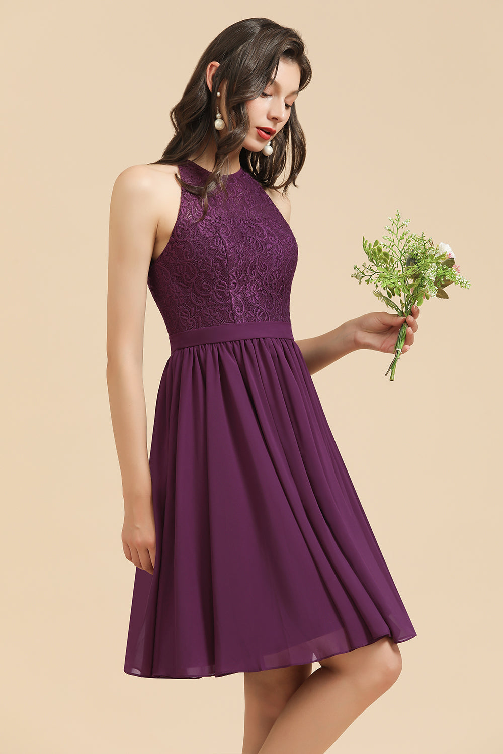 Purple Halter Chiffon A-Line Bridesmaid Dress with Lace Appliques