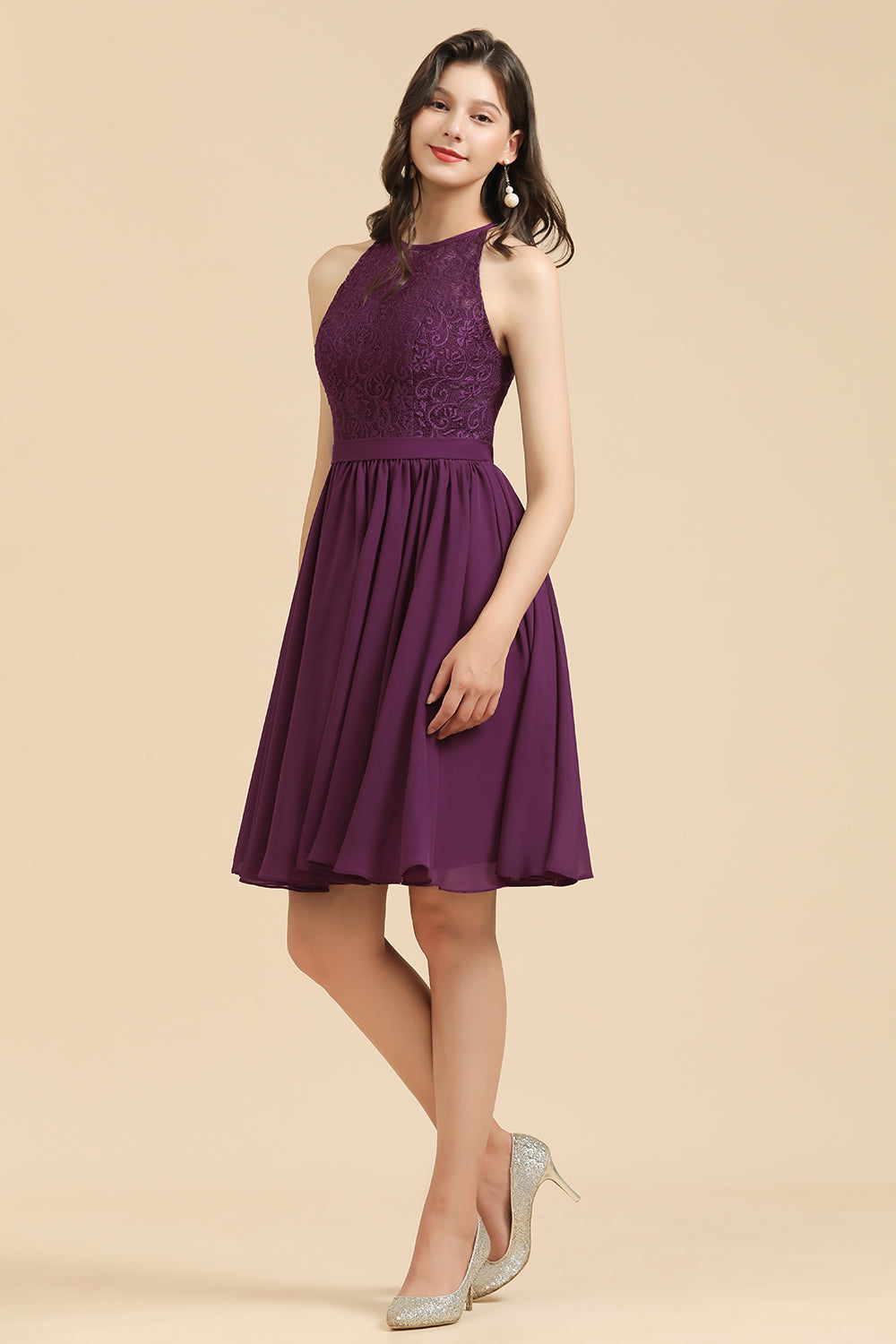 Purple Halter Chiffon A-Line Bridesmaid Dress with Lace Appliques
