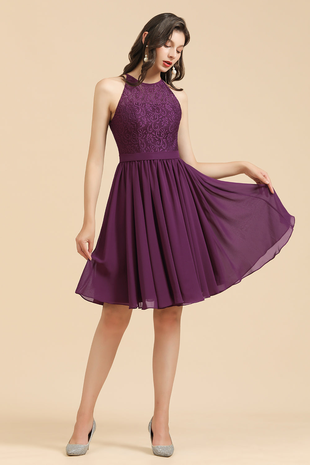 Purple Halter Chiffon A-Line Bridesmaid Dress with Lace Appliques
