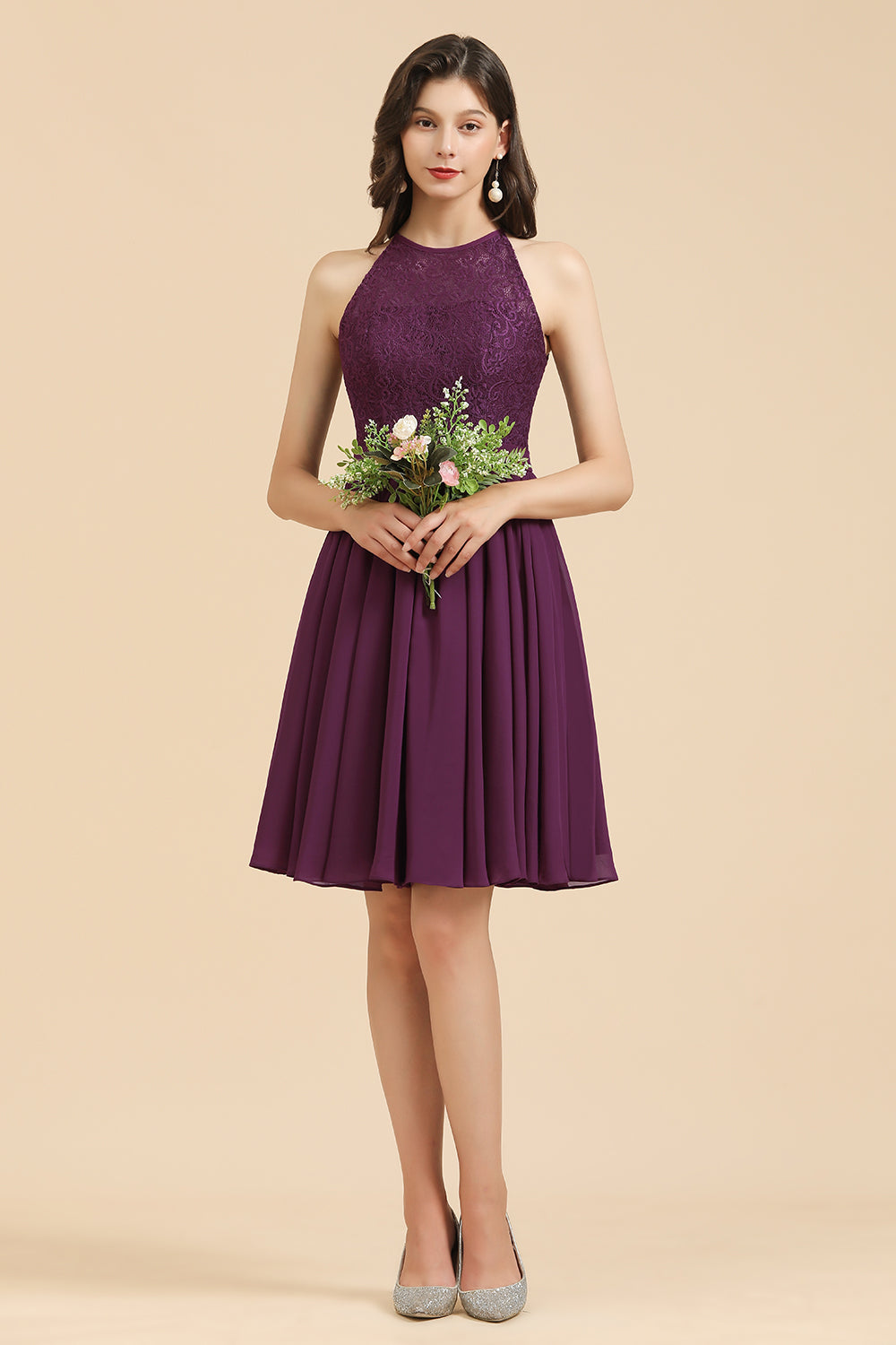 Purple Halter Chiffon A-Line Bridesmaid Dress with Lace Appliques