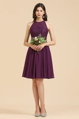 Purple Halter Chiffon A-Line Bridesmaid Dress with Lace Appliques