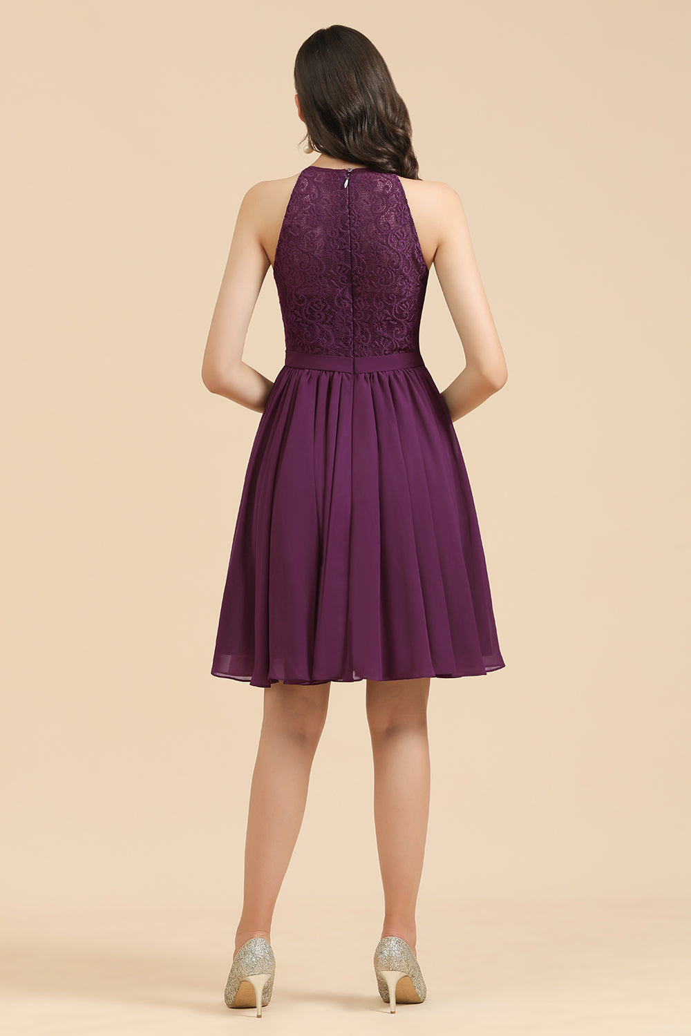 Purple Halter Chiffon A-Line Bridesmaid Dress with Lace Appliques Back View