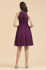 Purple Halter Chiffon A-Line Bridesmaid Dress with Lace Appliques Back View