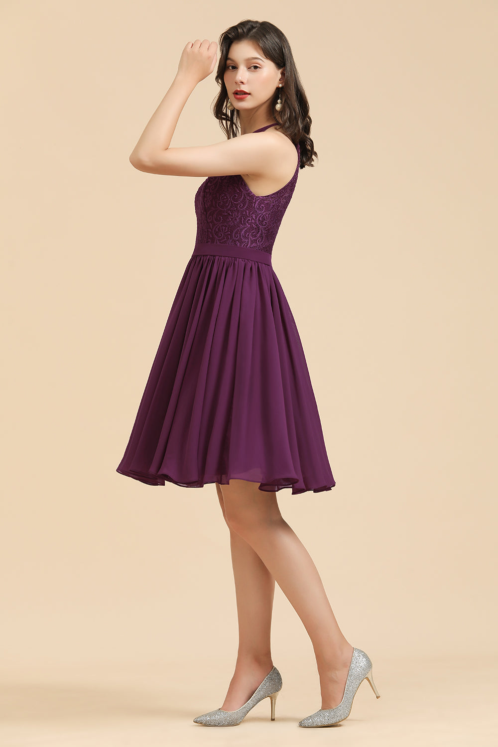 Purple Halter Chiffon A-Line Bridesmaid Dress with Lace Appliques Side View