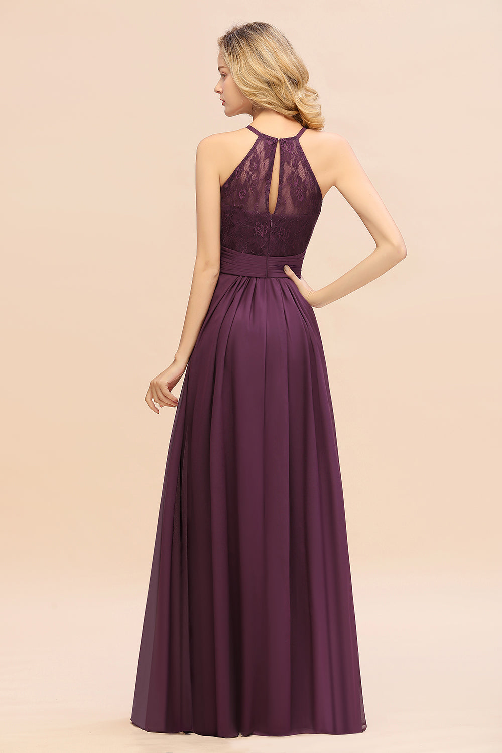 Purple Halter Chiffon A-Line Long Bridesmaid Dress Back View