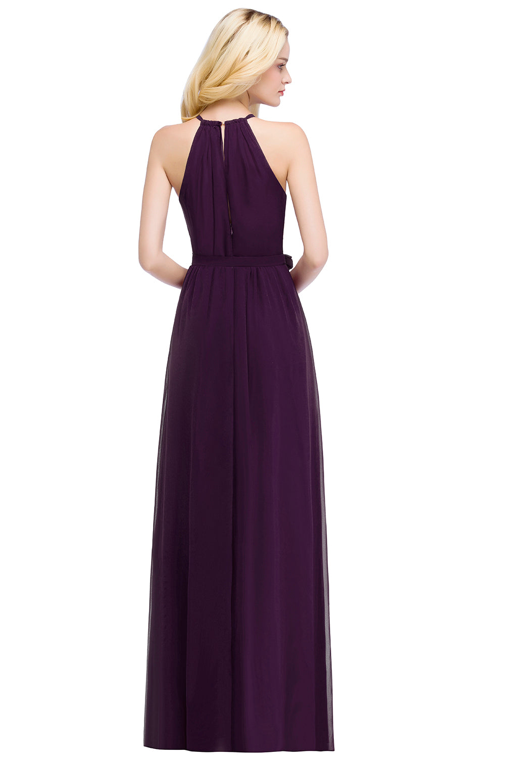 Purple Halter Chiffon A-Line Long Bridesmaid Dress with Bow Back View