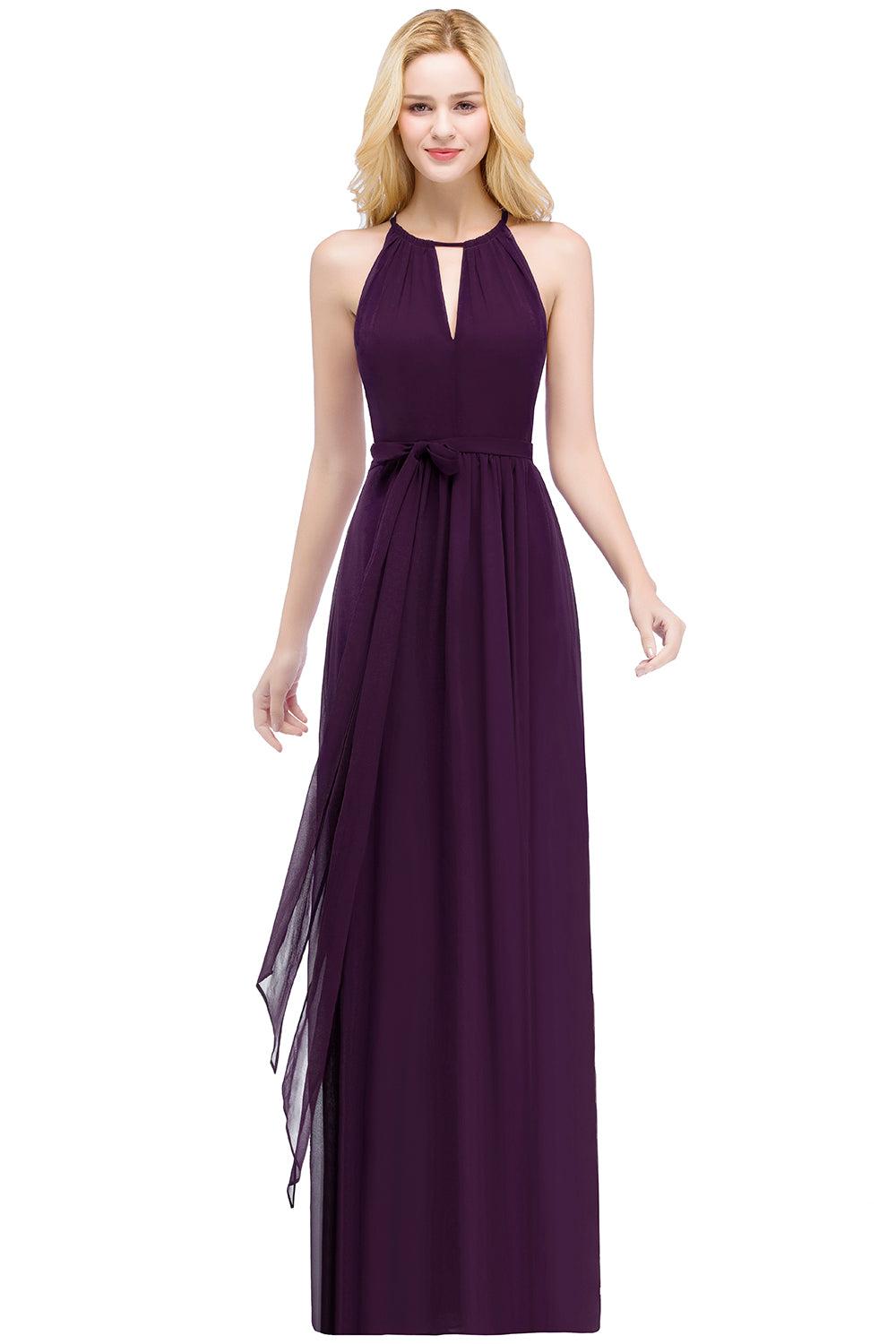 Purple Halter Chiffon A-Line Long Bridesmaid Dress with Bow