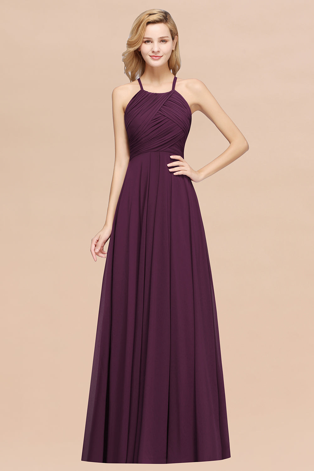 Purple Halter Chiffon A-Line Long Bridesmaid Dress with Ruching
