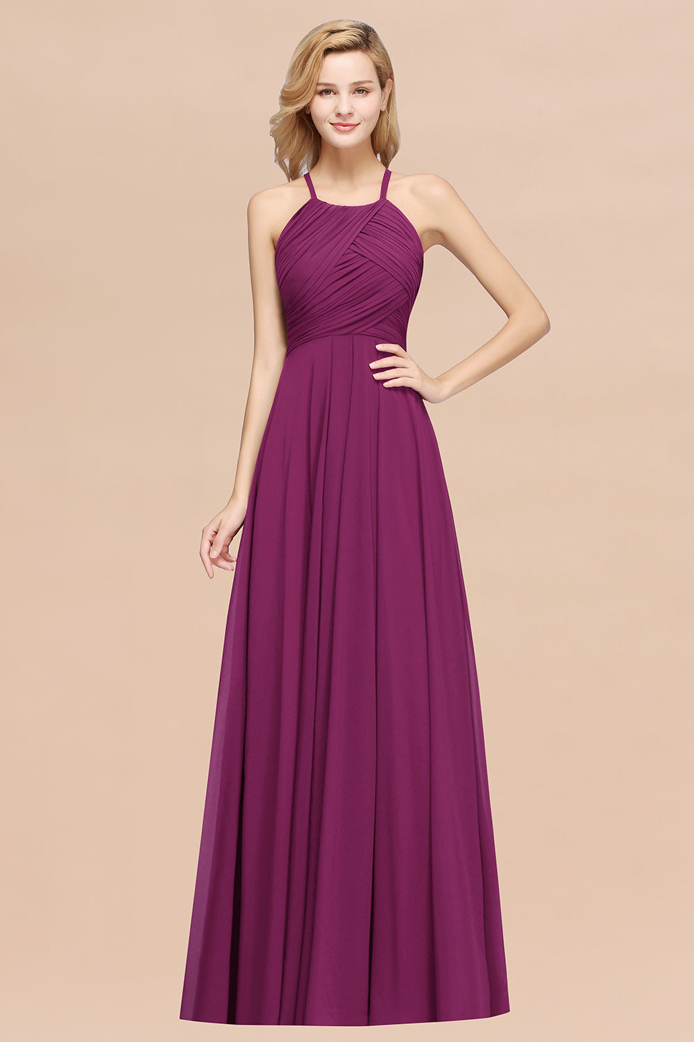 Purple Halter Chiffon A-Line Long Bridesmaid Dress with Ruching