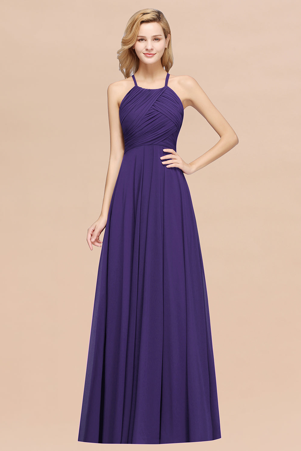 Purple Halter Chiffon A-Line Long Bridesmaid Dress with Ruching