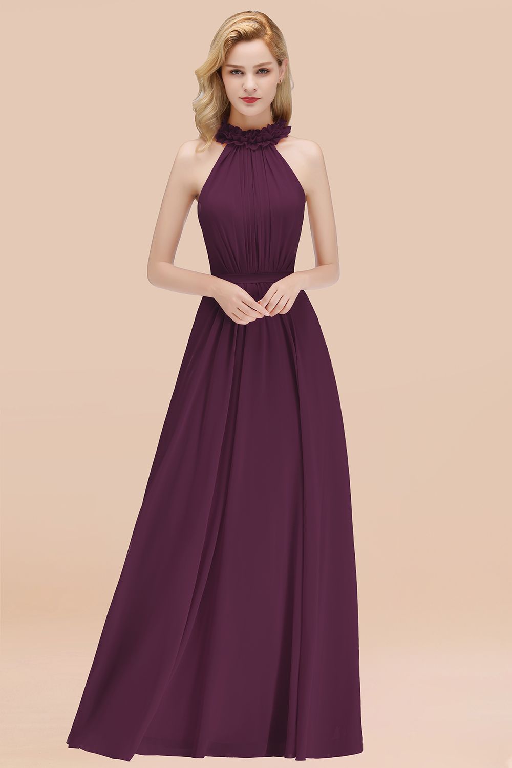 Purple High Neck Chiffon A-Line Long Bridesmaid Dress