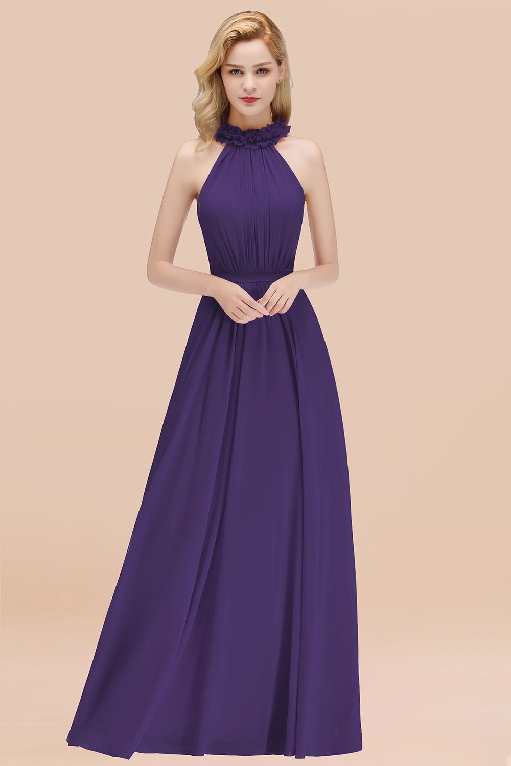 Purple High Neck Chiffon A-Line Long Bridesmaid Dress