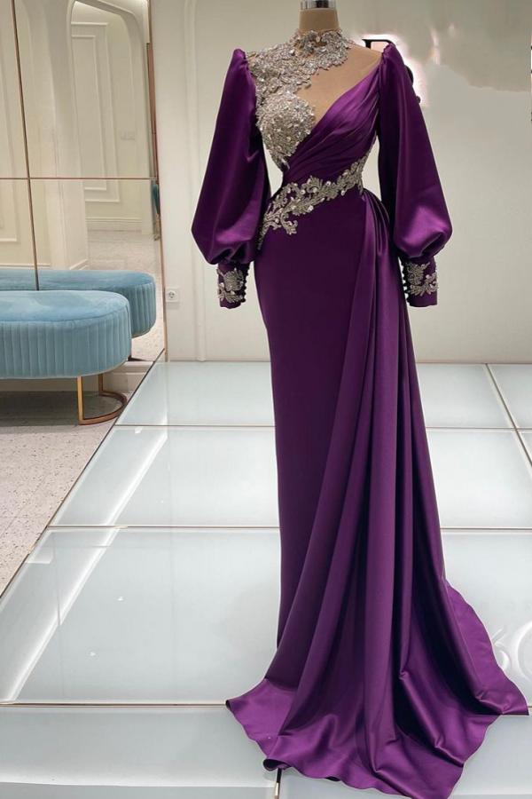 Purple High Neck Satin Sheath Long Prom Dress with Long Sleeves