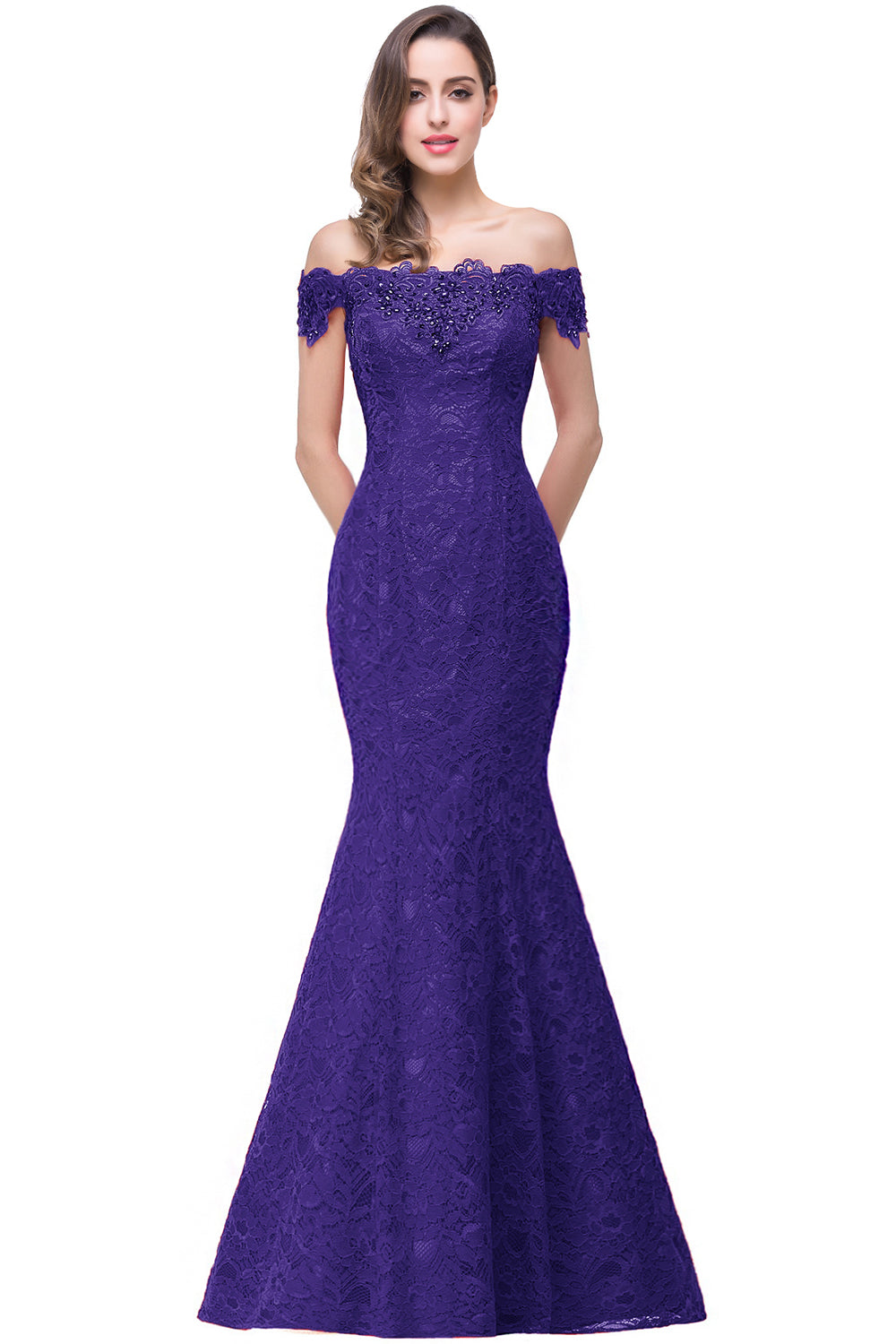 Purple Off The Shoulder Lace Mermaid Long Prom Dress