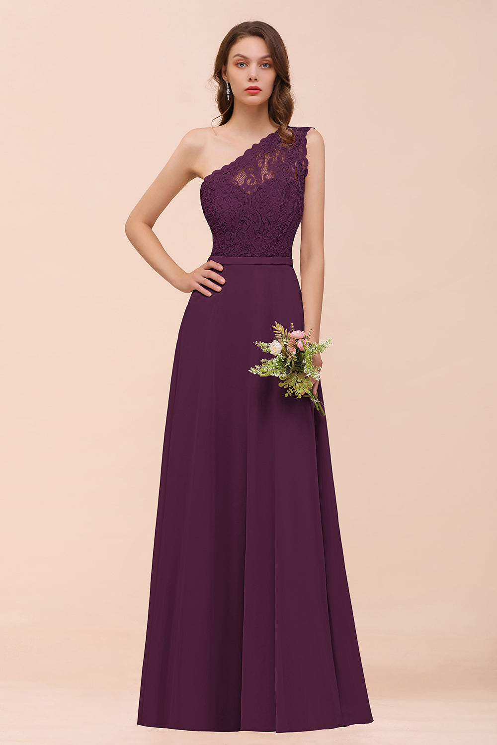 Purple One Shoulder Chiffon A-Line Long Bridesmaid Dress