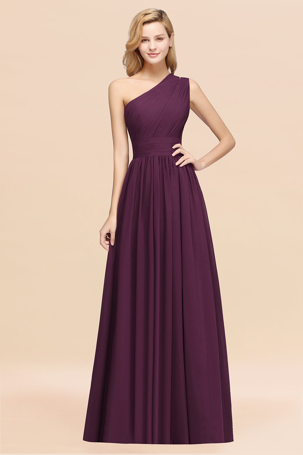 Purple One Shoulder Chiffon A-Line Long Bridesmaid Dress