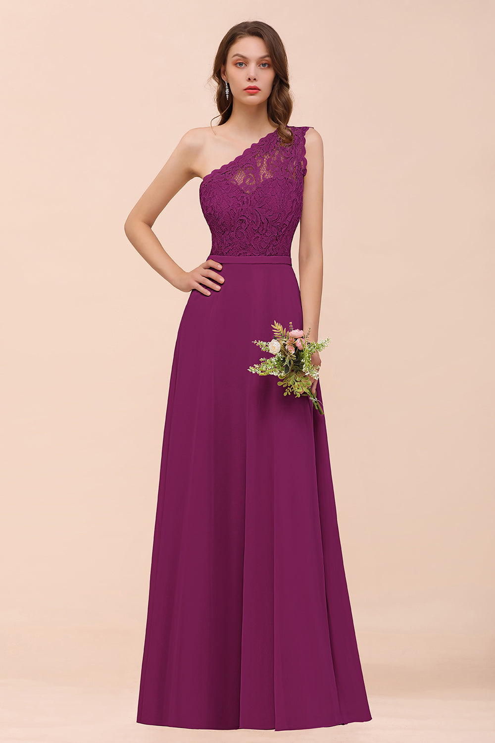 Purple One Shoulder Chiffon A-Line Long Bridesmaid Dress