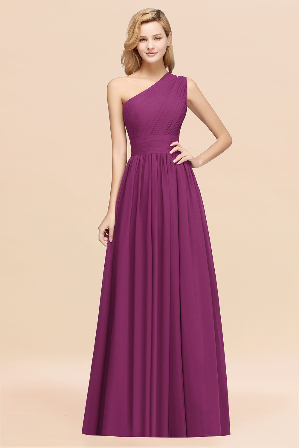 Purple One Shoulder Chiffon A-Line Long Bridesmaid Dress