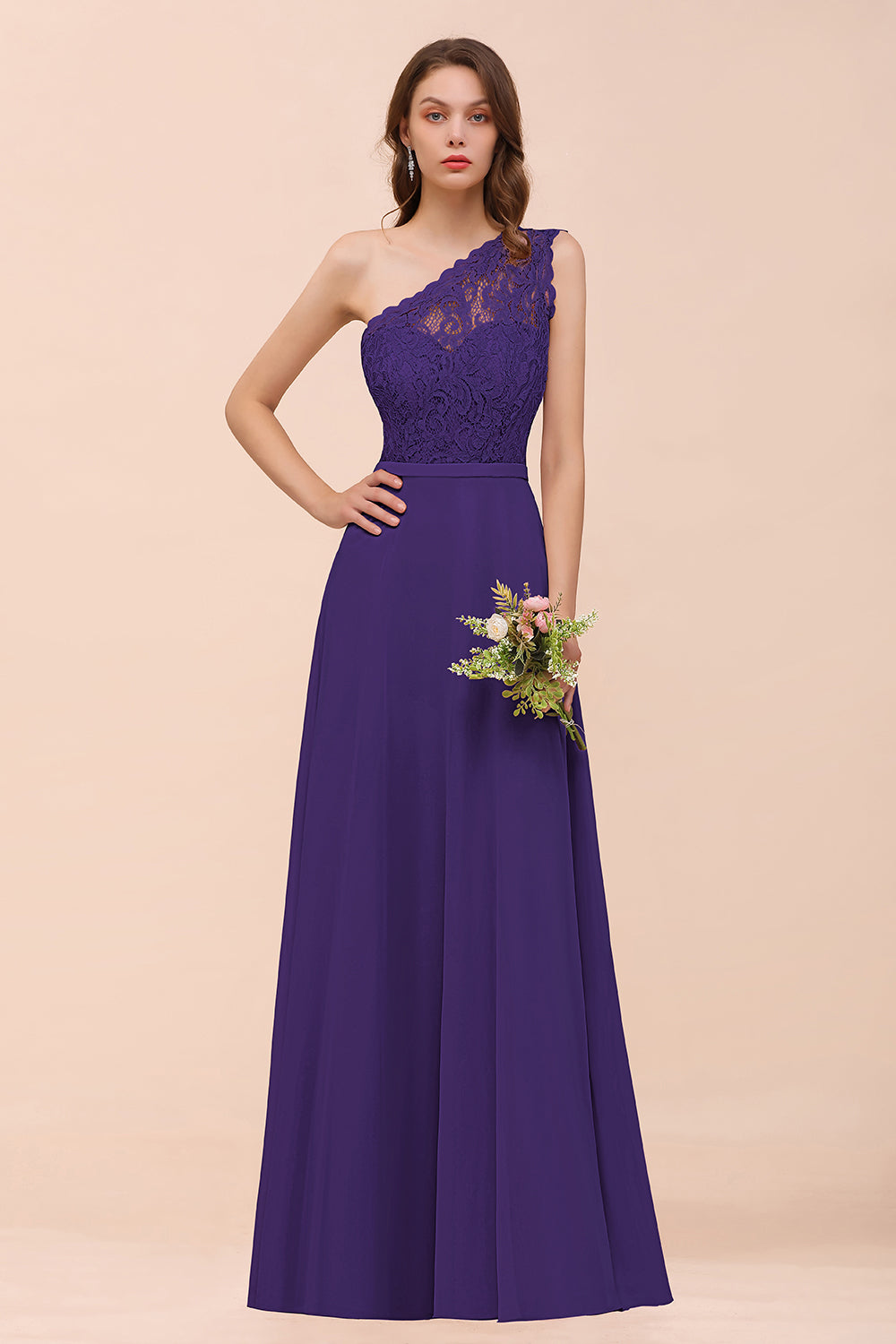 Purple One Shoulder Chiffon A-Line Long Bridesmaid Dress