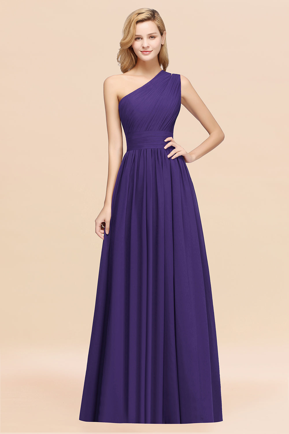 Purple One Shoulder Chiffon A-Line Long Bridesmaid Dress
