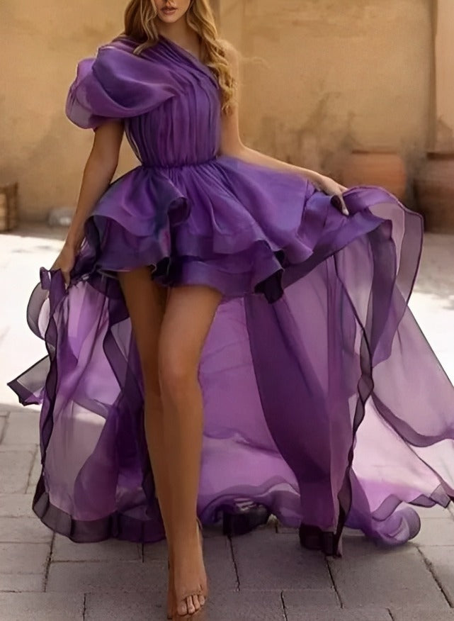 Purple One Shoulder Organza A-Line Prom Dress with Ruffles