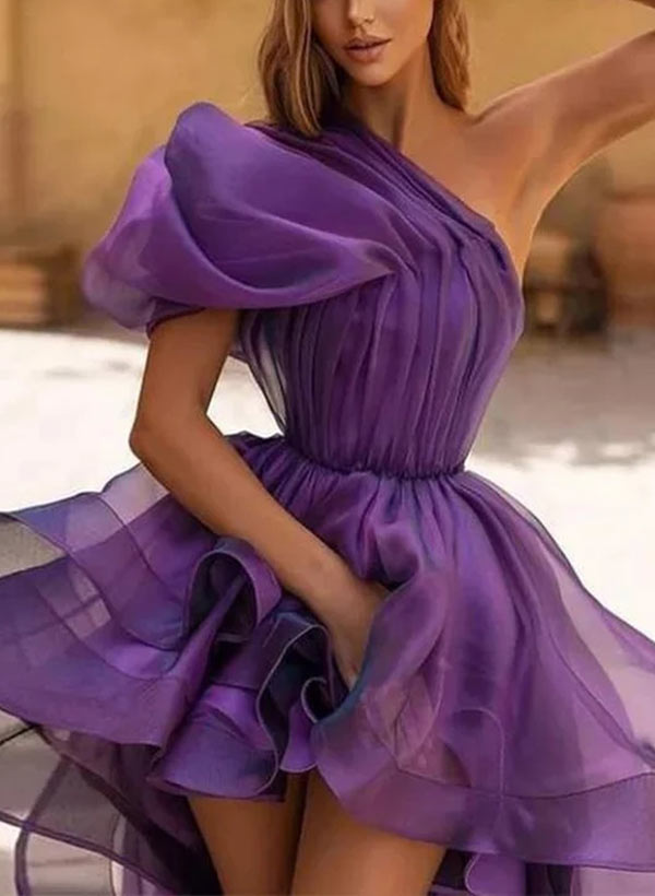 Purple One Shoulder Organza A-Line Prom Dress with Ruffles Bodice Detail