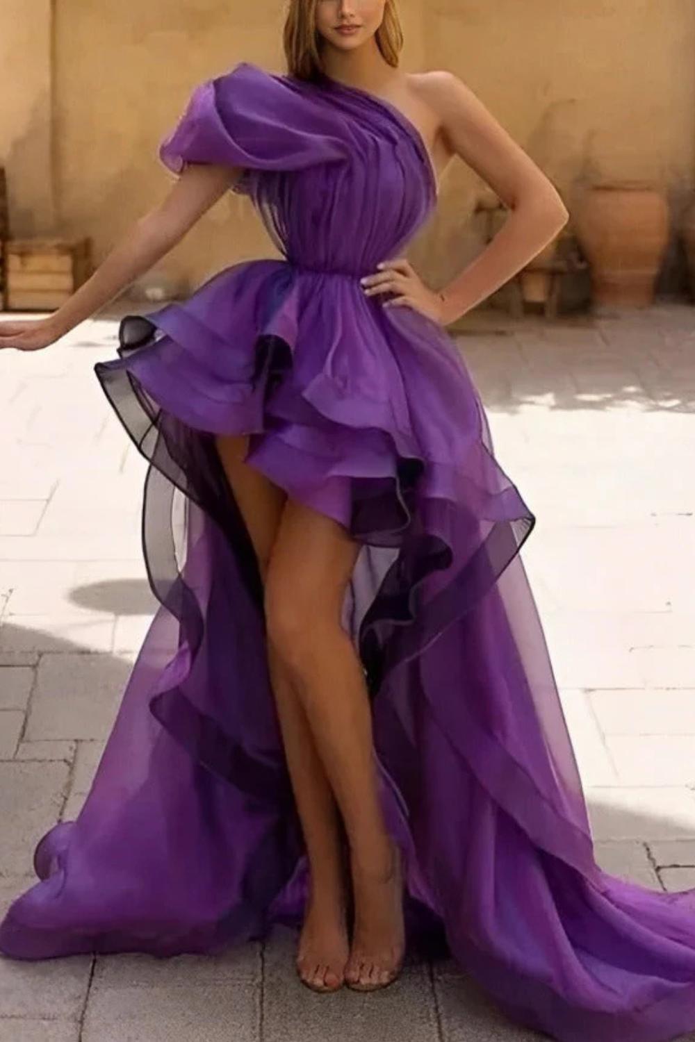 Purple One Shoulder Organza A-Line Prom Dress with Ruffles