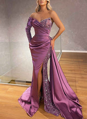 Purple One Shoulder Satin Mermaid Long Prom Dress with Long Sleeves and Slit