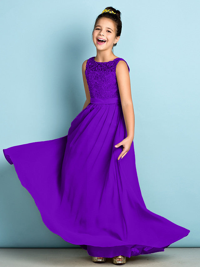 Purple Scoop Neck Chiffon A-Line Flower Girl Dress
